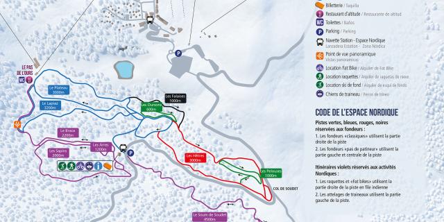 plan des pistes de ski de fond , raquettes services et activités nordiques. de l'espace nordique de La Pierre Saint-Martin.