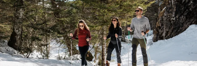 Balade en raquettes entre amis dans la forêt de l'espace nordique de La Pierre Saint-Martin