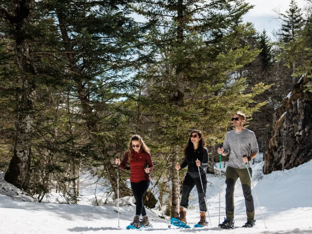 Balade en raquettes entre amis dans la forêt de l'espace nordique de La Pierre Saint-Martin